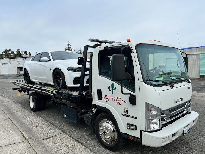 A white truck with a white car on the back of it